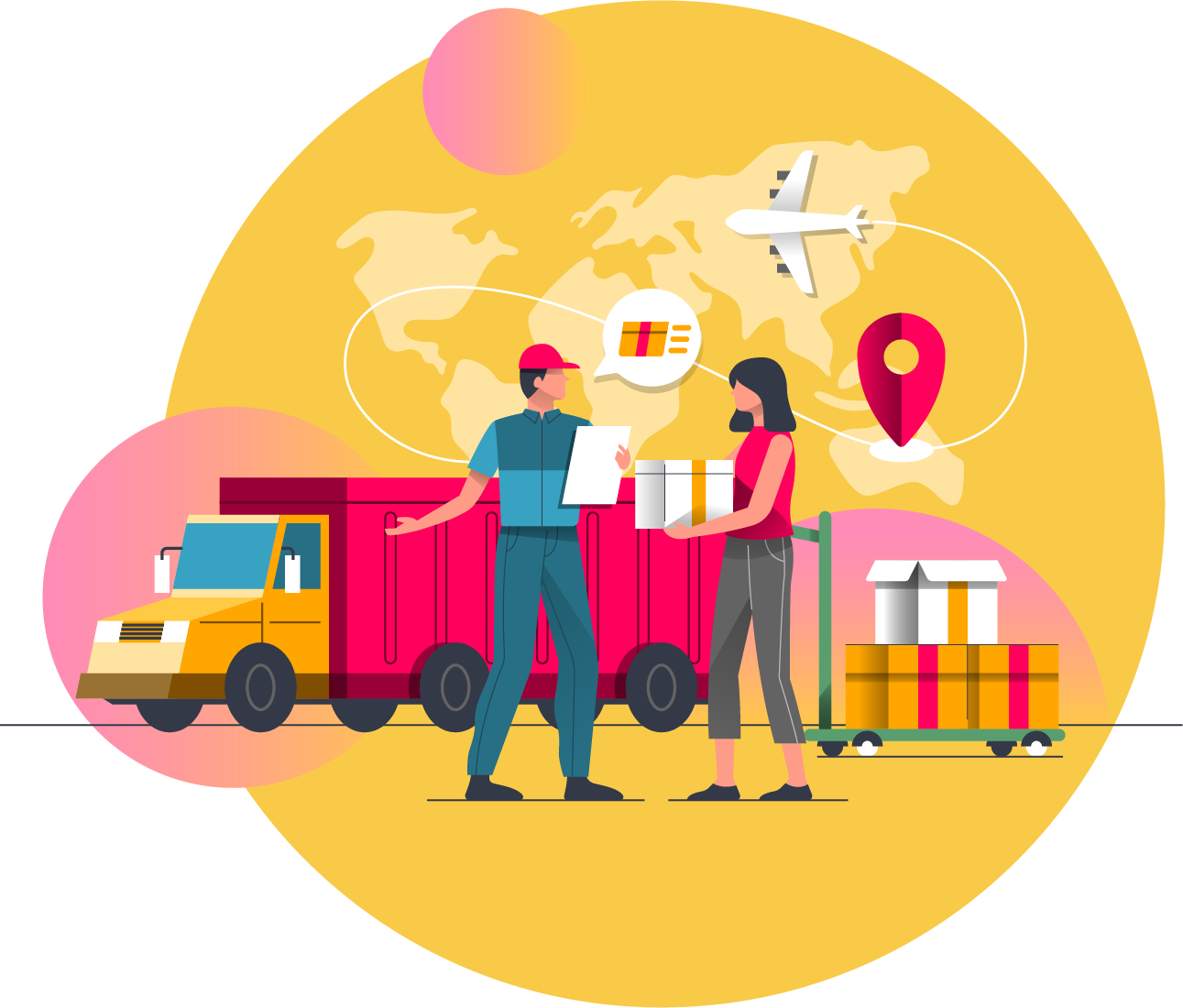 Illustration of a delivery person handing a package to a woman, with a truck, airplane, and map icons in the background